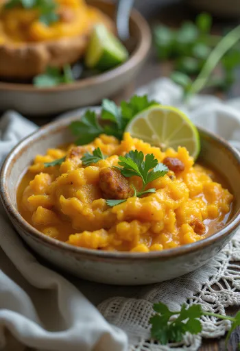 Quibebe s pečenou dýní, ozdobené čerstvým koriandrem