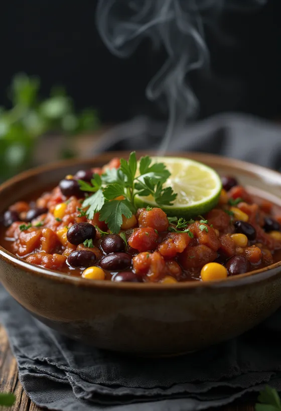 Veganské chili s fazolemi, v bohaté kořeněné omáčce, zdobené čerstvým koriandrem.