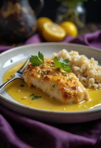 Citronové kuře podávané s čerstvými plátky citronu a bylinkami.