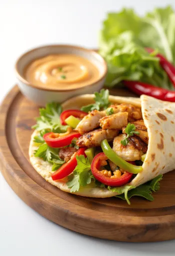 Pálivý wrap plněný grilovaným kuřetem, chilli, paprikou a salátem, s krémovou omáčkou