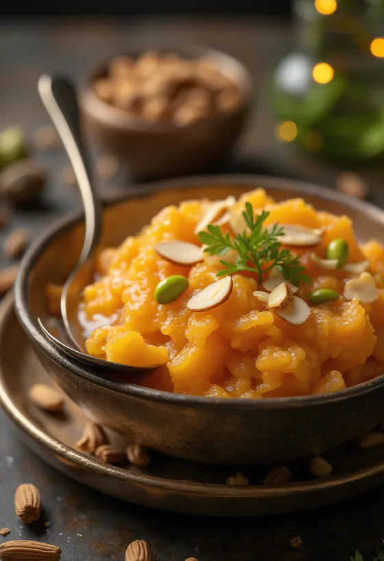 Gajar ka halwa podávaná čerstvá, s kardamomem a mandlemi