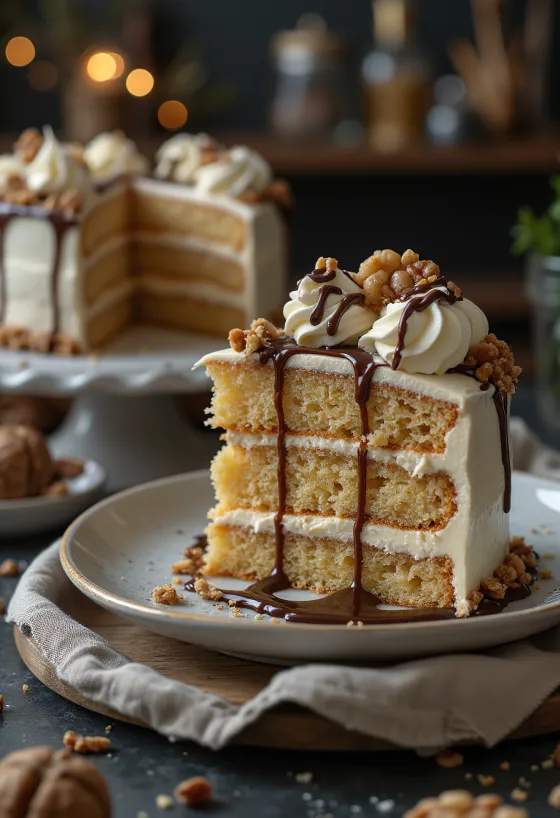 Kaštanový dort s ořechovým krémem při podávání