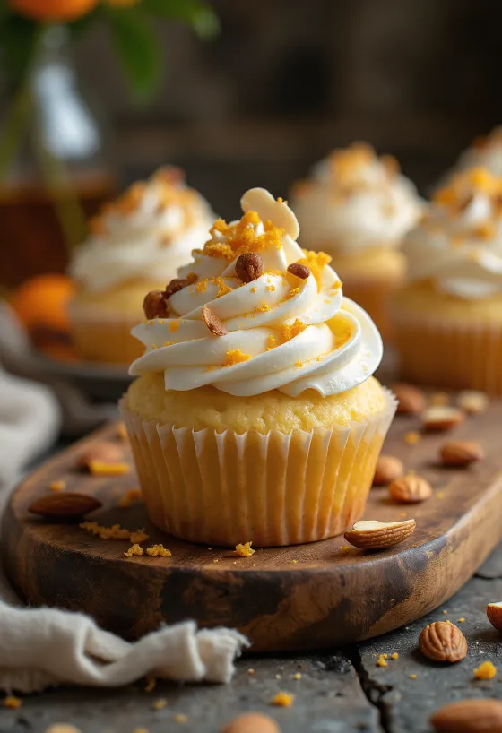 Čerstvě upečený mandlovo-pomerančový cupcake