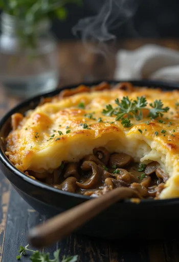 Shepherd’s pie s houbami, podávaný s bramborovou kaší na vrchu