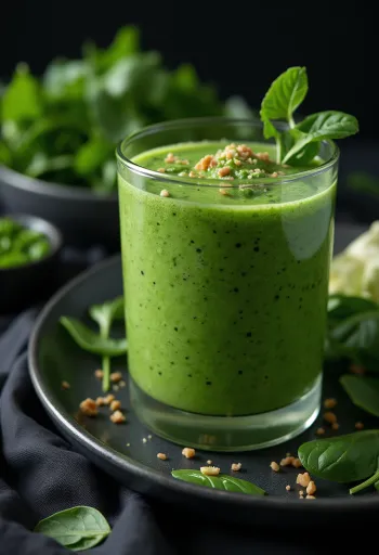 Špenátové smoothie ve vysoké sklenici, zdobené zeleninou a ovocem