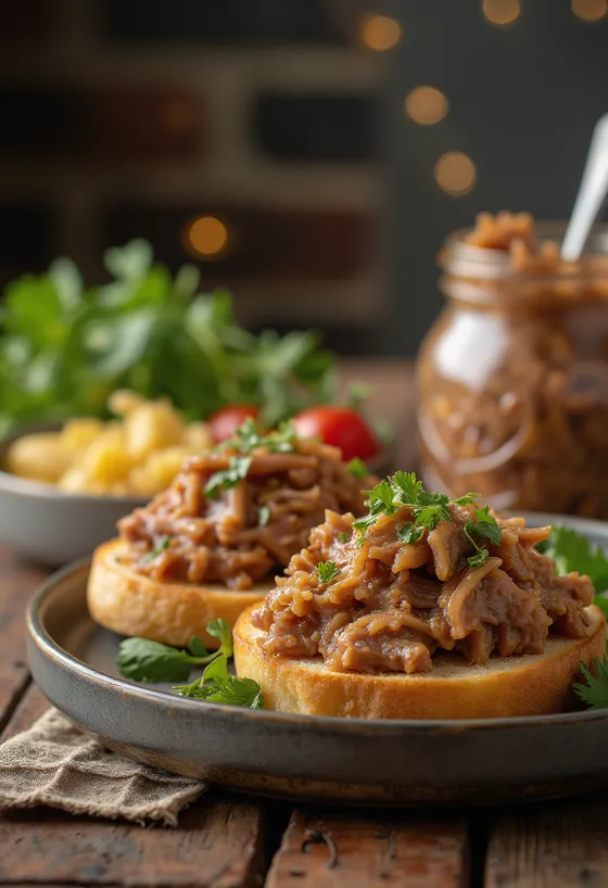 Kachní rillettes servírované v rustikální sklenici s chlebem a nakládanou zeleninou