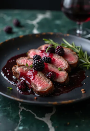 Jelení steak (wapiti) s redukcí z lesního ovoce podávaný se zeleninou.
