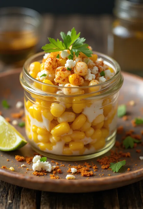 Esquites s chilli práškem, podávané se sýrem feta a koriandrem