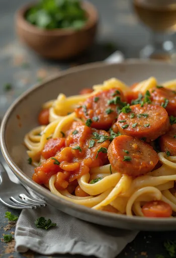 Falukorv s těstovinami a rajčatovou omáčkou, podávaný v bohaté omáčce