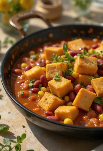 Kořeněné tofu s fazolemi podávané na talíři