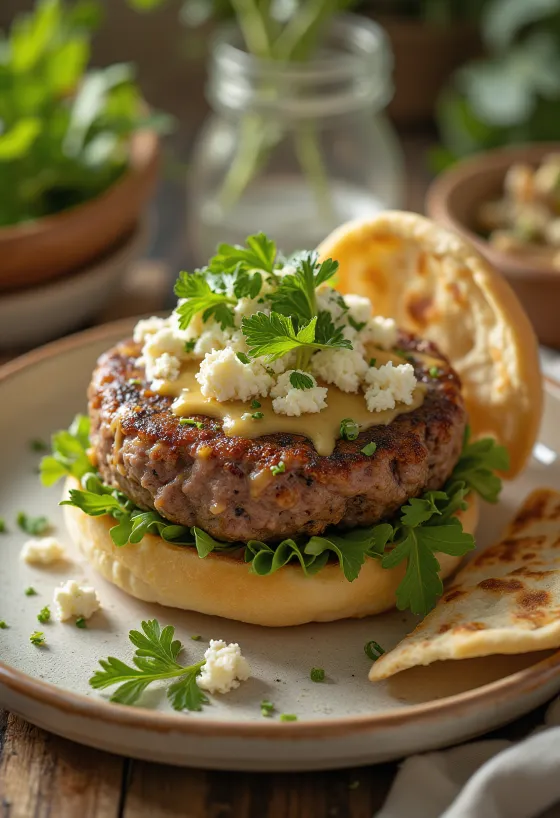 Blízkovýchodní hamburger s tahini omáčkou a jehněčí plackou