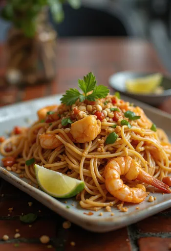 Pad Thai s rýžovými nudlemi podávané s plátky limetky