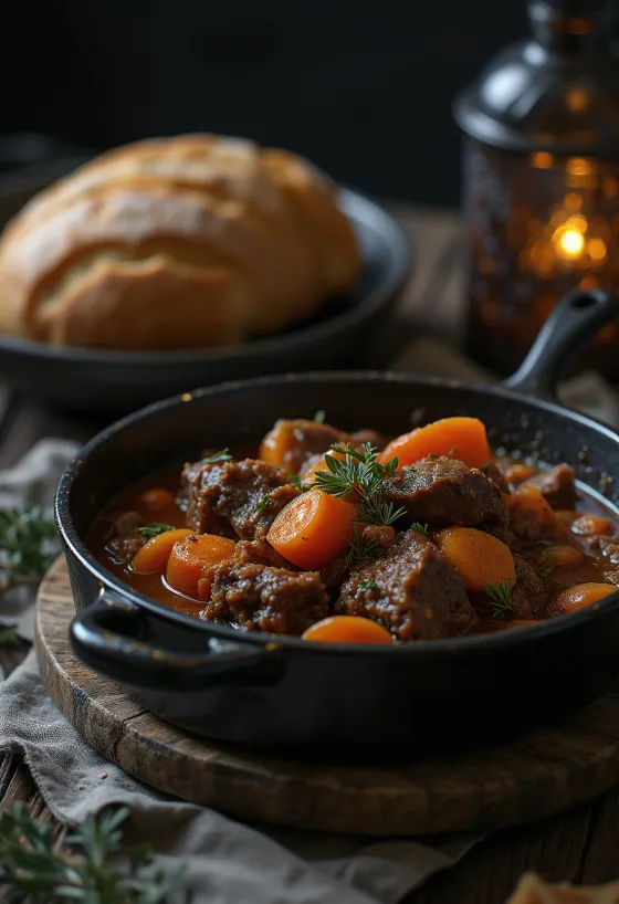 Pepperpot podávaný s hovězím masem, čerstvým chlebem a koriandrem