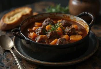 Pepperpot podávaný s hovězím masem, čerstvým chlebem a koriandrem