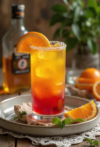 Koktejl Tequila Sunrise zdobený plátkem pomeranče a třešní