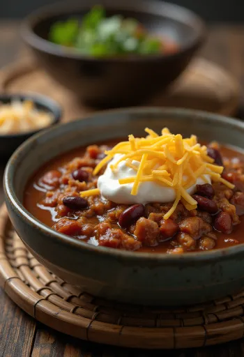 Jelení chilli servírované v rustikální misce s oblohou
