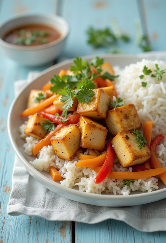 Kořeněné tofu se zeleninou a rýží podávané na talíři