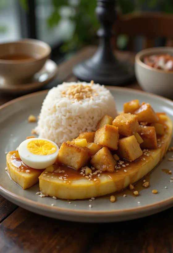 Nasi lemak s tofu, bohaté malajské jídlo se sójovým ananasem a vejcem