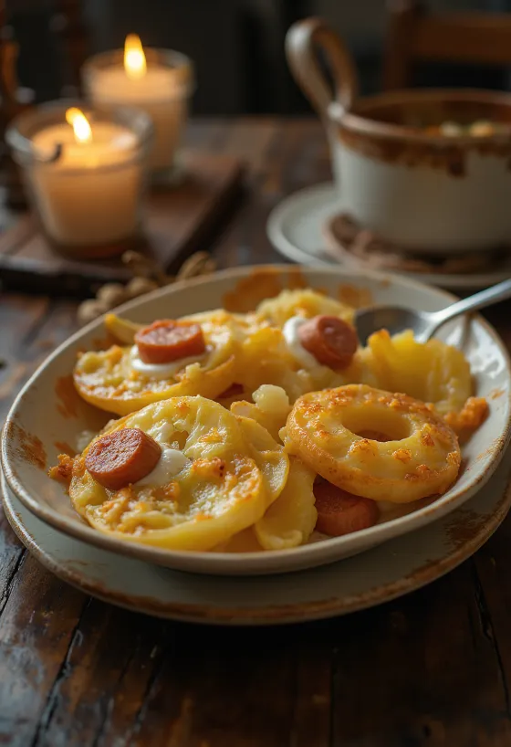 Zapékané brambory vrstvené s klobásou a vejci, se zakysanou smetanou na vrchu.