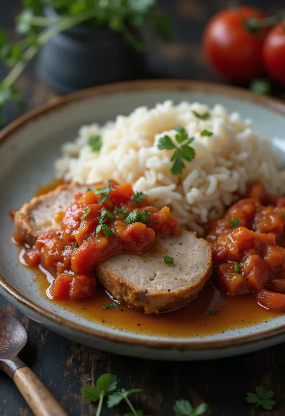 Vepřová krkovice s lečem a dušenou rýží podávaná na talíři