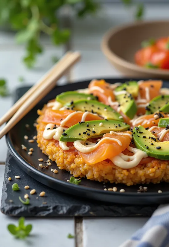 Sushi pizza s japonským rýžovým základem, lososem a avokádem