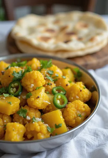 Aloo gobi s chilli papričkou, podávané s čerstvým koriandrem