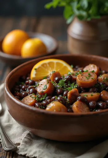 Feijoada s uzenou klobásou, zdobená rýží a koriandrem