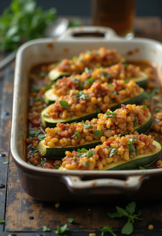 Kořeněná veganská plněná cuketa podávaná na talíři