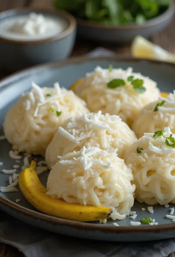 Idiyappam podávaný s kokosovým mlékem a strouhaným kokosem, čerstvě dušený