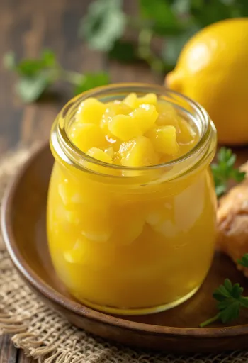 Citrónové čatní ve sklenici, bohatá kořeněná omáčka žluté barvy