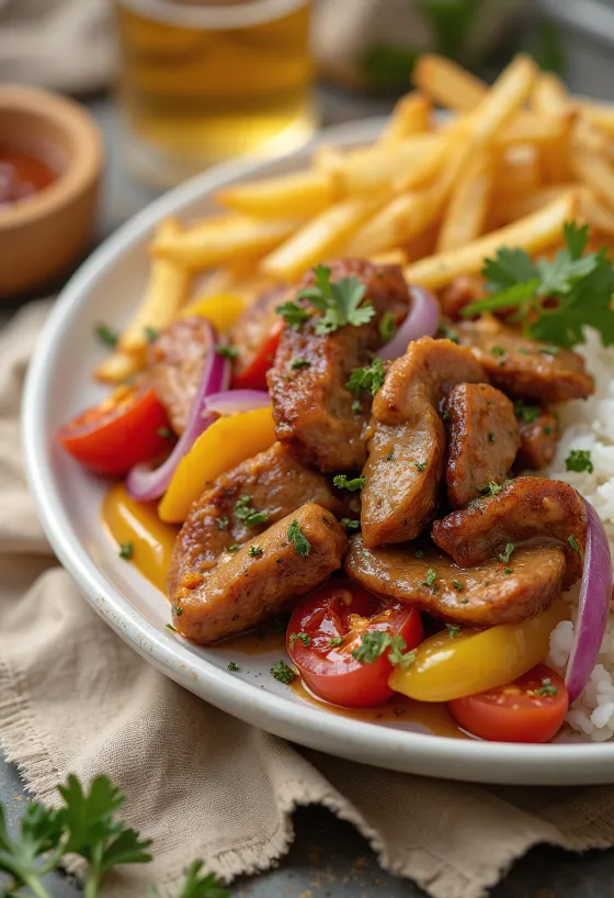Lomo saltado s vepřovým masem čerstvě podávané