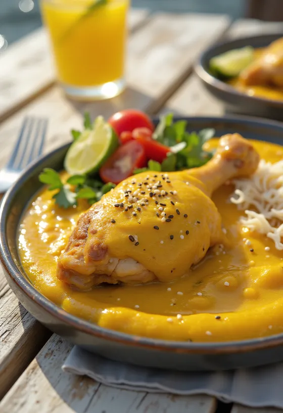 Mole amarillo podávané s kuřecím masem, zakysanou smetanou a mandlemi