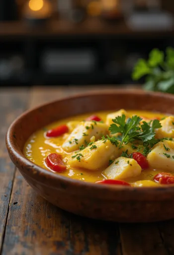 Vatapá de peixe com pimentão, brazilské jídlo s kokosovým mlékem a rybou