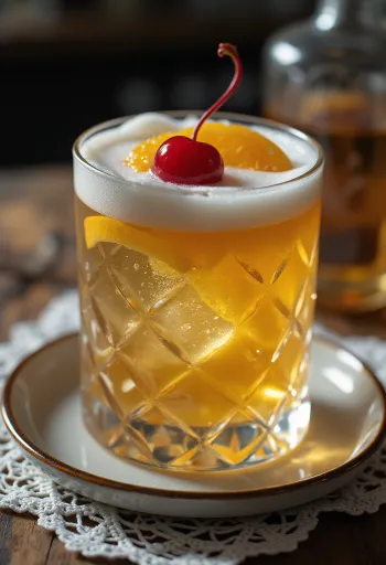 Koktejl Whisky Sour zdobený plátkem pomeranče a koktejlovou třešní
