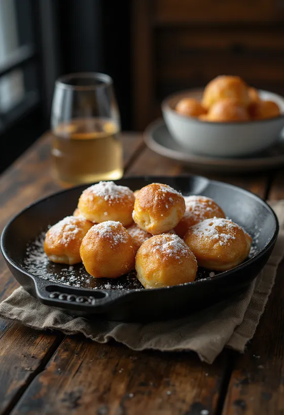 Dánské kulaté koblihy Æbleskiver posypané moučkovým cukrem