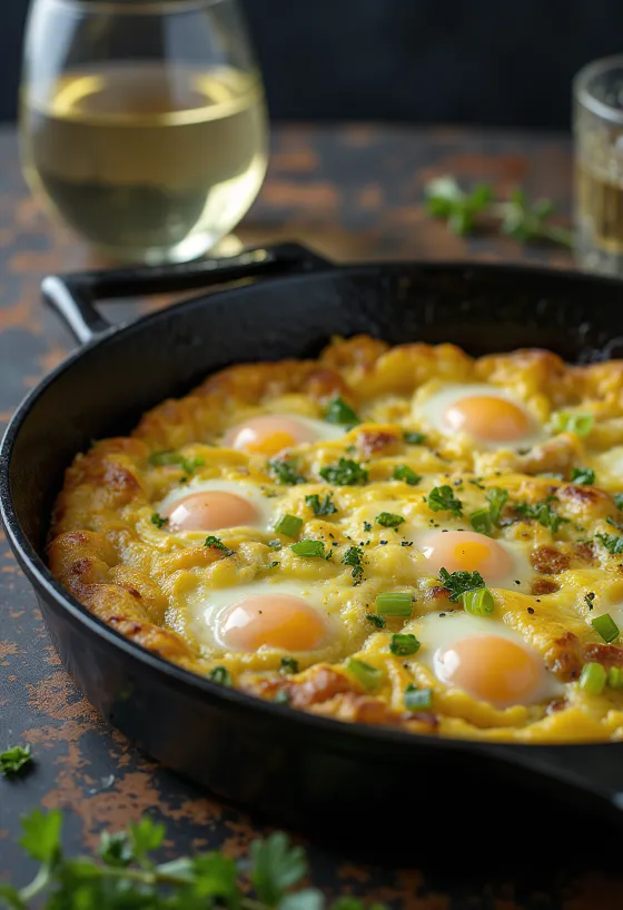 Frittata s pórkem a sýrem Gruyère, zdobená čerstvou petrželkou