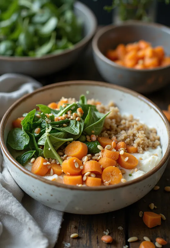 Buddha bowl s kořeněným celerovým krémem podávaný na talíři