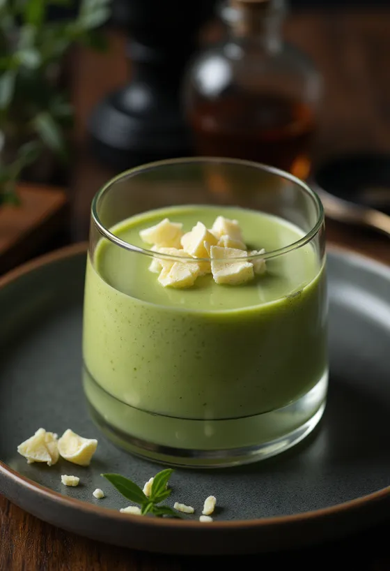 Matcha panna cotta servírovaná
