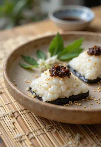Negi-miso onigiri, rýžová koule s miso náplní, posypaná sezamovými semínky