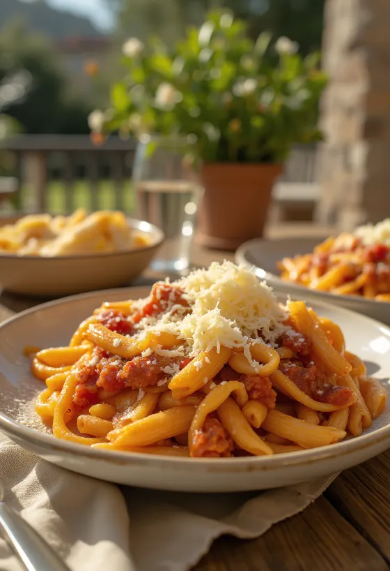 Těstoviny s lilkem podávané se šťavnatou rajčatovou omáčkou a čerstvou bazalkou