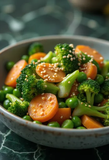 Dušená zelenina se sezamem podávaná s čerstvou zeleninou