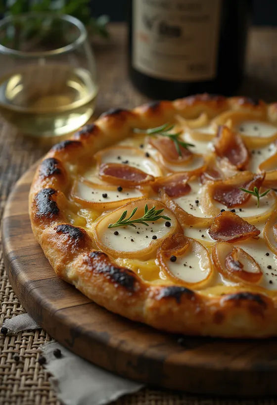 Tarte flambée se zakysanou smetanou, cibulí a slaninou
