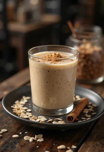 Ovesné smoothie ve vysoké sklenici, zdobené ovesnými vločkami a skořicí