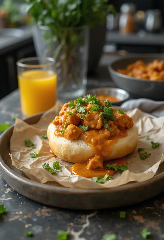 Bunny chow s kuřecím kari, podávané s opečeným chlebem