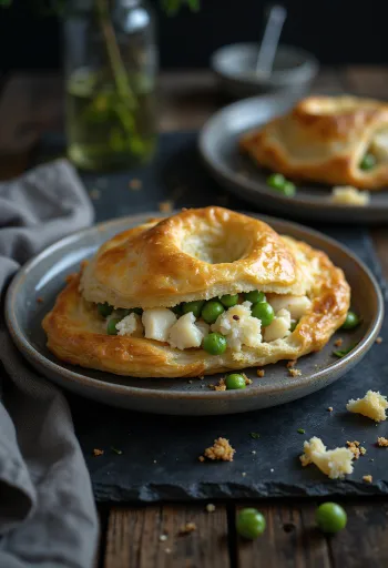 Rozkrojená taštička cornish pasty s kousky ryby a hráškem