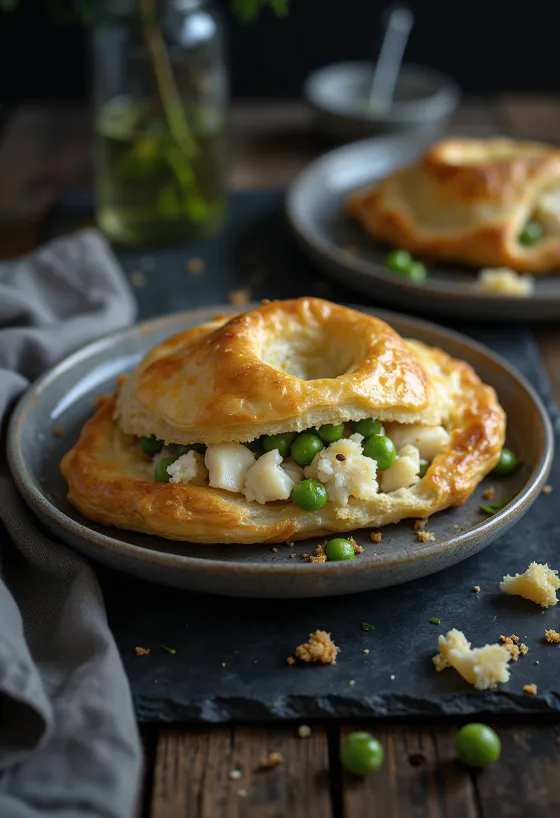 Rozkrojená taštička cornish pasty s kousky ryby a hráškem