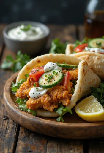 Kuřecí gyros s čerstvou zeleninou, omáčkou tzatziki a pita chlebem.