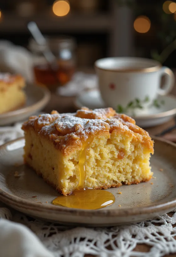 Zázvorový koláč se zlatohnědou, křehkou texturou, posypaný moučkovým cukrem.