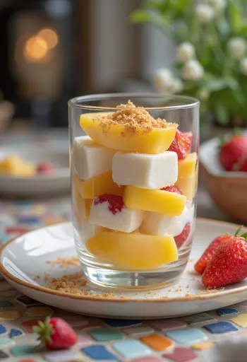 Haupia s ovocnými vrstvami, kokosový puding s čerstvým ovocem