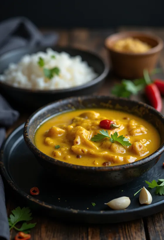 Žlutá kokosová curry omáčka v pánvi